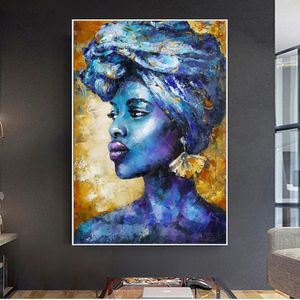 Impressions modernes Abstract Blue African Femme Canvas Huile Peinture sur le mur Art Portrait Portrait Picture pour décoration de salon Cuadros sans cadre