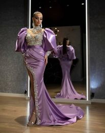 Robe de soirée de forme sirène, manches longues bouffantes modernes, fente latérale haute, sexy, robes d'occasion formelles, col haut, appliques en dentelle perlée, robe de bal en satin violet clair, 2024