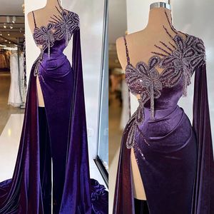 Robes de soirée violettes modernes, asymétrique épaule dénudée, fendue sur le devant, ligne a, robes de soirée formelles, sur mesure, avec des appliques en velours