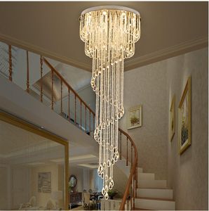Lustre en cristal clair de goutte de pluie moderne allumant des lustres d'escalier en colimaçon pour l'hôtel Villa Hall escaliers duplex lampe en acier inoxydable