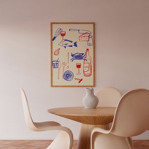 Moderne roodblauwe lijn wijn en kaasdrankjes eten vintage print muur kunstfoto canvas schilderij posters keukenkamer huisdecor