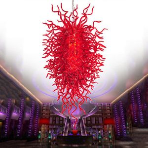 Lámpara de araña de cristal soplado hecha a mano grande de iluminación colgante roja moderna para decoración de arte de 48 o 60 pulgadas
