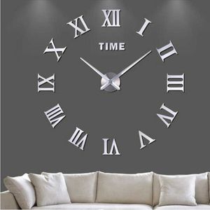 Chiffres romains modernes grande horloge bricolage grande horloge murale 3D miroir Surface autocollant décor à la maison Art géant horloge murale montre 210930