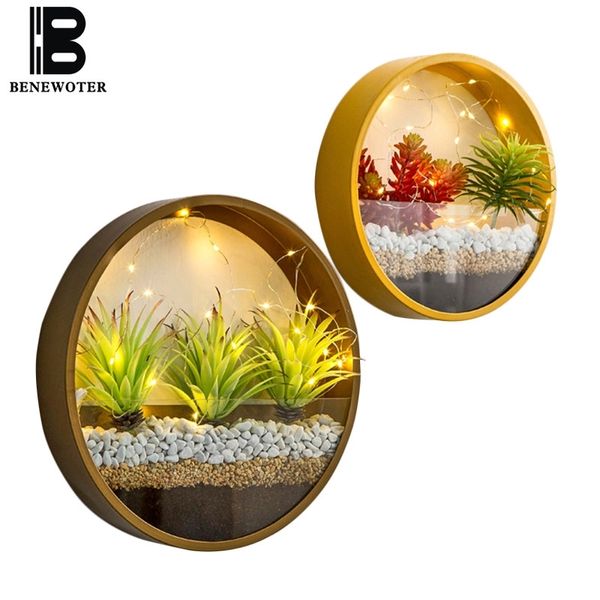 Vase mural en verre d'art rond moderne en fer avec décor de lumière LED jardinières murales maison salon pot de fleur suspendu pot de plante succulente Y200709