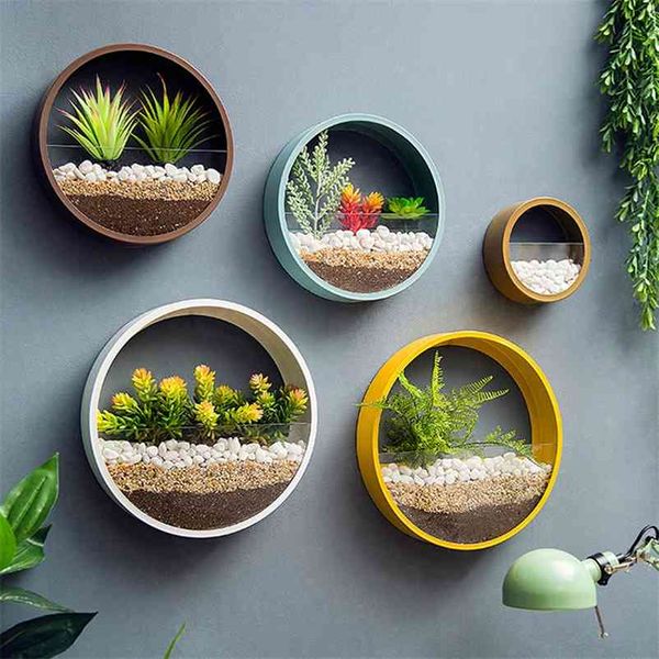 Vase de mur de fer rond moderne maison salon suspension de fleurs de fleur décoration murale succulente planters art en verre vases 210922