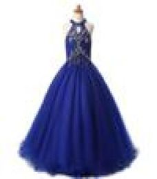 Modern Royal Blue Halter Girls Pageant Dresses 2022 Crystal kralen pailletten tule a line holle back Long Kids formal prom jurk3914583