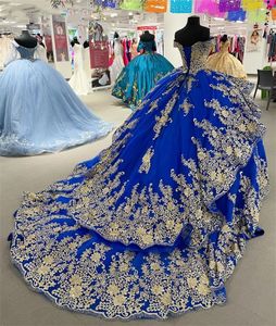 Robes de quinceanera bleu royal moderne sur les applications à paillettes épaules perles CORSET Puffy Ball Robe Robe Prom Vestidos