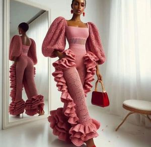 Moderne ruches kanten jumspuits prom -jurken met latern lange mouwen speciale gelegenheid slijtage voor vrouwen 2024 vierkante nek sexy avondjurken