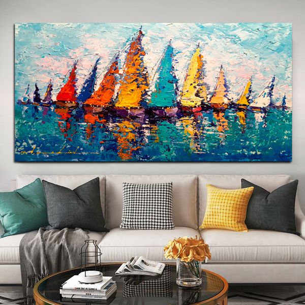 Pintura al óleo colorida de velero moderno impresa en lienzo cuadro de pared nórdico de gran tamaño para sala de estar paisaje lienzo pintura