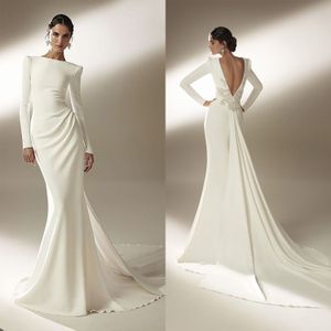 Moderno cetim sereia vestidos de casamento nova manga longa sem costas vestidos de noiva contas applique escova trem robes de vestido tamanho personalizado h24072