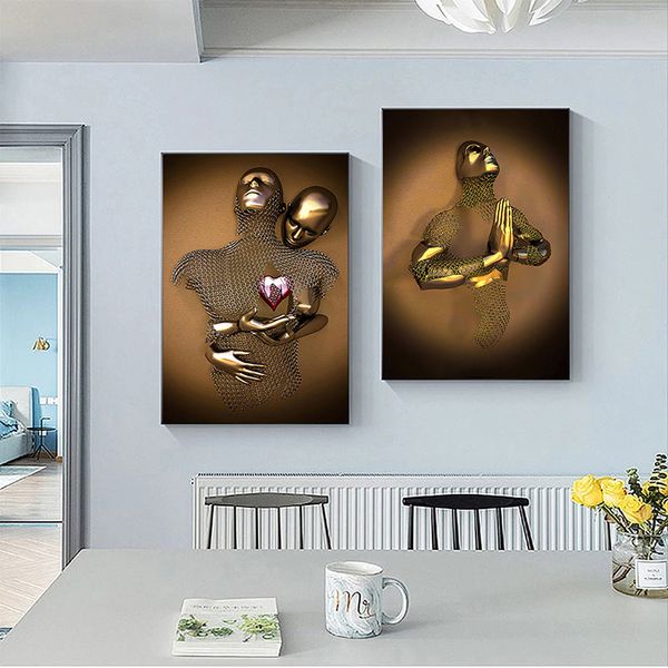 Figuras de metal de escultura moderna de amor Pintura de lona 3D Efecto 3D Carteles de arte de pared y estampados para la sala de estar Decoración del hogar