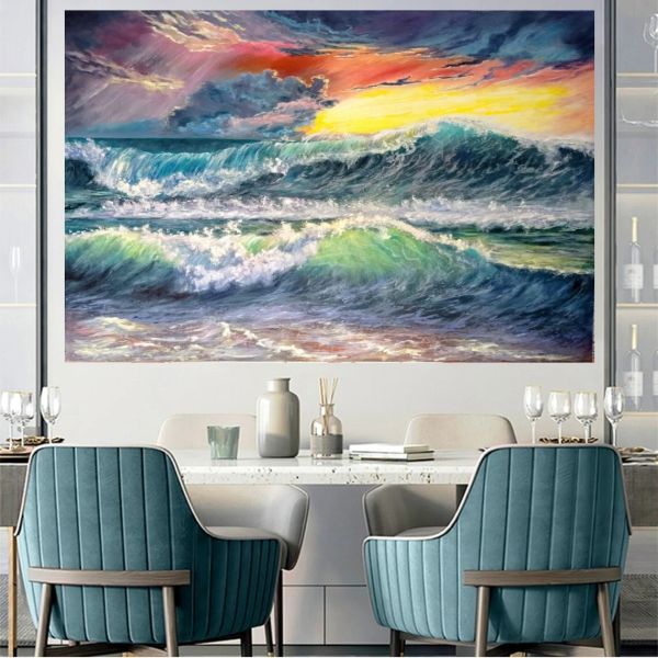 Pintura al óleo de paisaje marino moderno sobre lienzo, pintura de ola de mar tormentosa para sala de estar, comedor, arte de pared decorativo para el hogar hecho a mano sin marco