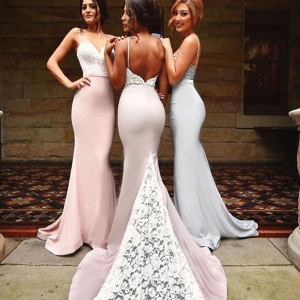 Robe de soirée formelle sirène sexy moderne pour les mariages Spaghetti Strap Appliques robe de bal dos nu 2017 en vente robe de demoiselle d'honneur avec train de balayage