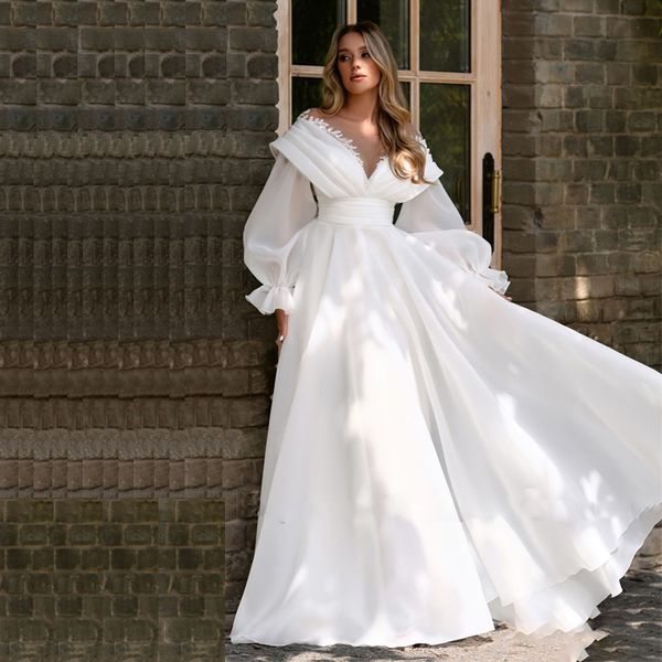 Moderne pure cou une ligne robes de mariée manches bouffantes perle organza robe de mariée bouton dos Boho robe de mariée