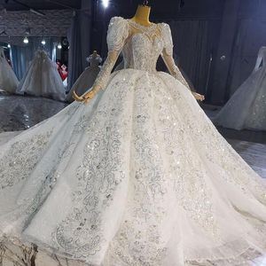 Moderne glans kralen a-lijn trouwjurk juweel 3D-kant baljurk grote maten sweep trein bruidsjurken jurk vestido de novia maat kleur aangepast