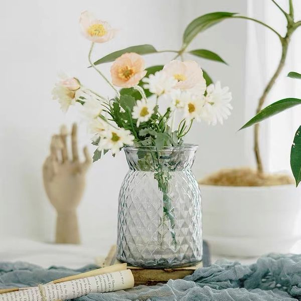 Florero corto de cristal abierto, Simple y transparente, decoración moderna, mesa de comedor de boca ancha, florero de cristal de gran diámetro, venta al por mayor