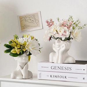 Moderne Simple en céramique visage humain fleur Vase tête plante Pot nordique Art créatif maison salon décor 240131