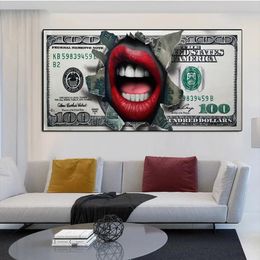 Modern Skull Sculpture en Red Lips Money Canvas Painting Abstract Wall Art Print Posters Cuadros For Living Room Decor Pictures 240429