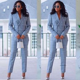 Modern Sky Blue Check Prom Dresses Two Pieces Slim Fit Tuxedos Style Wear Women Business Casual Clothing 0516