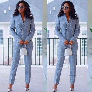 Modern Sky Blue Check Prom Dresses Two Pieces Slim Fit Tuxedos Style Wear Women Business Casual Clothing 0516