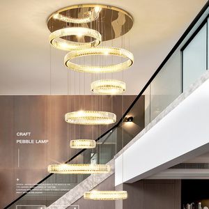 Moderne trappenhuiskroonluchter duplex gebouw kristallen villa woonkamer lampen en lantaarns eenvoudige ronde trap lange kroonluchters