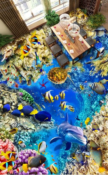 Moderne Sticker 3D Underwater World Floor Salle de bain Art Floor Peinture 3D Carrelage auto-adhésif PVC Fond d'écran