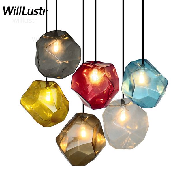 Moderne Pierre Verre Pendentif Lampe Couleur Glace Suspension Bleu Clair Jaune Violet Fumée Ambre Hôtel Café Bar Cuisine Suspensions