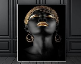 Peintures de femmes africaines de Style moderne sur toile, affiche d'art mural scandinave noir doré et impression pour décoration de salon 3675227