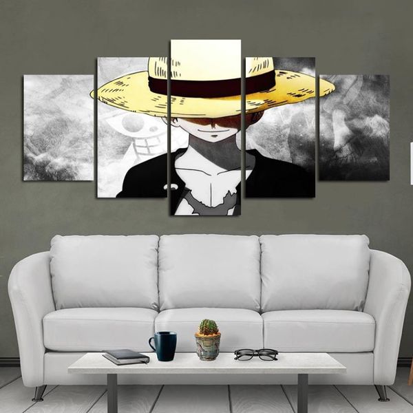 Póster de pared con pintura en lienzo de estilo moderno, personaje de One Piece, mono Luffy con sombrero dorado para decoración de habitaciones del hogar, 324E