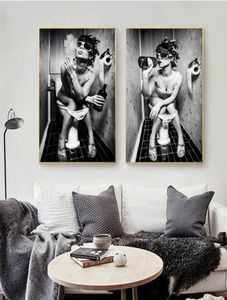 Moderne Toilet Sexy Vrouw Poster Wall Art Bar Meisje Roken en Drinken In Toilet Canvas Prints Schilderij Foto voor Thuis decor1882008