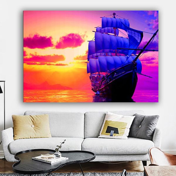 Toile d'art mural moderne, peinture de lever de soleil, nuages de ciel colorés, photos de bateau, affiche de paysage marin pour salon, décoration de maison, sans cadre