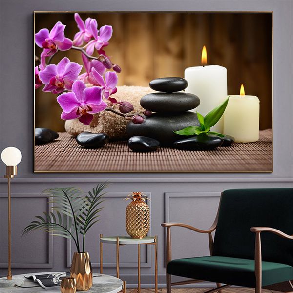 Arte de pared moderno, piedras de Spa, pintura en lienzo Zen, velas, póster de flores de orquídeas, Cuadros de pared para decoración del baño, decoración del hogar, Cuadros