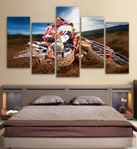 Arte de pared moderno, imágenes deportivas, decoración abstracta Vintage para el hogar, 5 paneles, pintura de Motocross sobre lienzo, carteles e impresiones Frame6877338