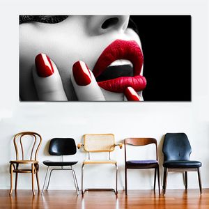 Moderne muur canvas poster prints sexy vrouwen rode lippen en nagels canvas muur schilderij foto's huisdecoratie niet ingelijst