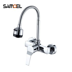 Modern Wall Mounted Double Holes Flexible Kitchen Faucet Mixers Sink Tap Wall Kitchen Faucet Hot and Cold Water