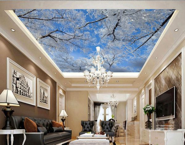 Papel tapiz moderno Murales de pared 3D para sala de estar Mural de techo Cielo de invierno, árbol congelado, copos de nieve Papel tapiz personalizado Papel de pared fotográfico 3D