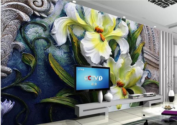 Papier peint moderne pour salon 3D lis fleur de fond en relief mur de fond 3d fond de fond floral peinture décorative
