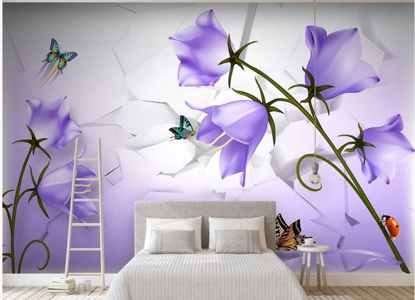 Papel tapiz moderno para sala de estar Hermosa fantasía flores púrpuras y mariposas fondos de pantalla 3D pared de fondo de TV