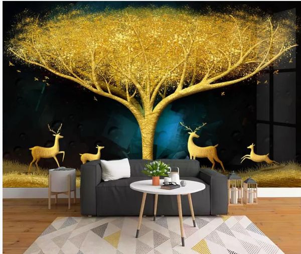 murs de papier peint moderne lumineux luxe doré feuille feuille fortune arbre famille cerf salon salon mur