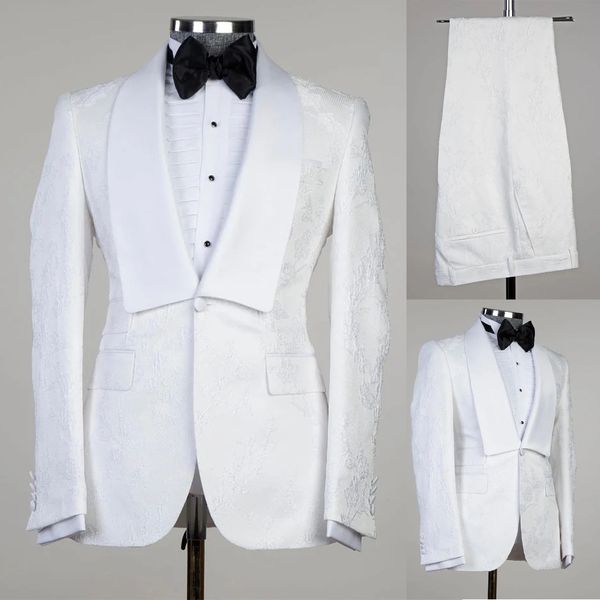 Costumes de mariage modernes pour hommes, Tuxedos, vêtements de marié, costume formel blanc, impression, taille personnalisée, châle, revers, simple boutonnage, 2 pièces, blazer + pantalon