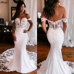 Vestidos de novia de sirena con apliques de encaje floral blanco moderno Sexy fuera del hombro Vestidos de novia con espalda transparente Tren de la corte Elegante Tallas grandes Vestidos de novia CL3246