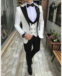 Modern White Groom Tuxedos Mens Wedding Suits Black Peaked Lapel Man Blazer 3Piece Slim Fit Male Jacket Trousers Double Breasted Vest Prom