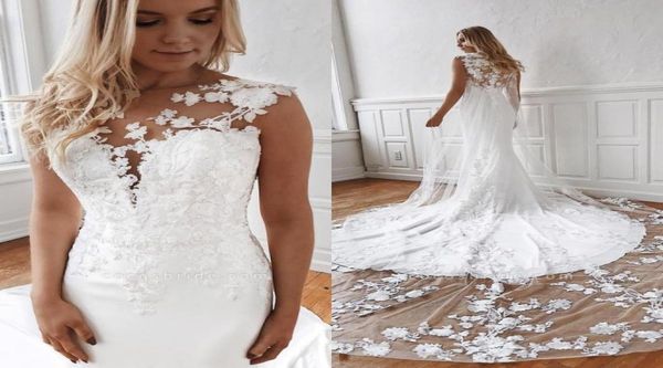 Robes de mariée sirène en dentelle ivoire blanc moderne, avec des Appliques à col transparent avec Cape, longues robes de mariée sur mesure BC131396845351