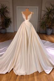 Vestidos de novia de satén de marfil blanco moderno, cuello de joya transparente, sin mangas, una línea, apliques, cuentas, vestidos de novia, batas formales De Mariage BC