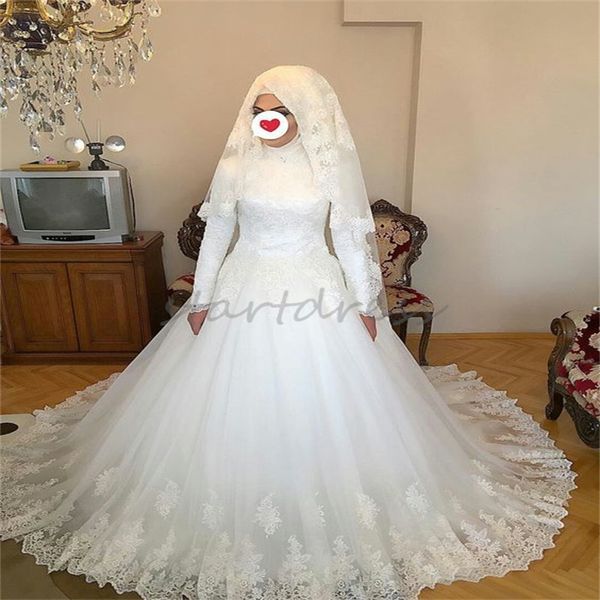 Modernes weißes muslimisches Hochzeitskleid, islamisches Landgarten-Langarm-Brautkleid 2024, Stehkragen, Prinzessin, Kirche, Brautkleider, Spitzenapplikationen, Frauen Robe De Mariee