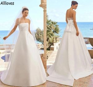 Modern White Satin A Line Wedding Vestidos Sexy Strapless Open Back Summer Beach Vestidos de novia de moda simple Boho Garden Sweet Train Rente de talla de talla de Soiree CL1188