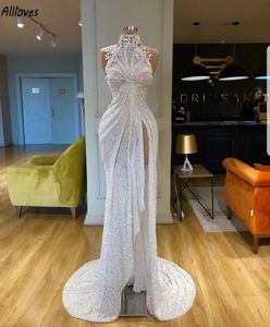 Moderne Witte Lovertjes Avondjurken Glinsterende Kristallen Geplooid Sexy Zijsplit Formele Gelegenheden Feestjurken Sweep Trein Hoge Kraag Gala Vestidos De Novia CL2858