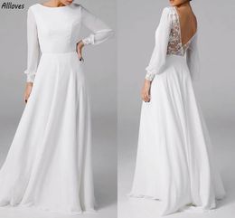 Robes de mariée modernes en mousseline de soie, simples et blanches, ligne A, manches longues, dentelle élégante, dos nu, Sexy, style Boho, plage, jardin, mariée, Robes de mariée CL3435