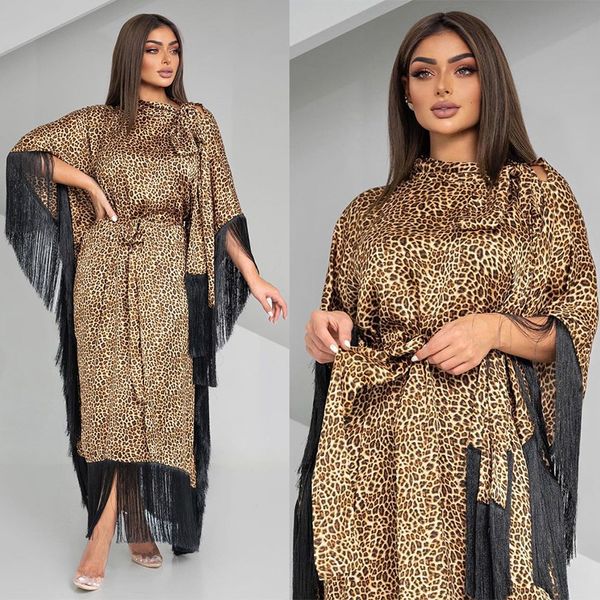 Vestido de noche moderno a la moda para mujer, caftán con borlas y mangas de murciélago, vestidos de fiesta con estampado de leopardo, bata árabe elegante de Dubái con cinturón Abaya