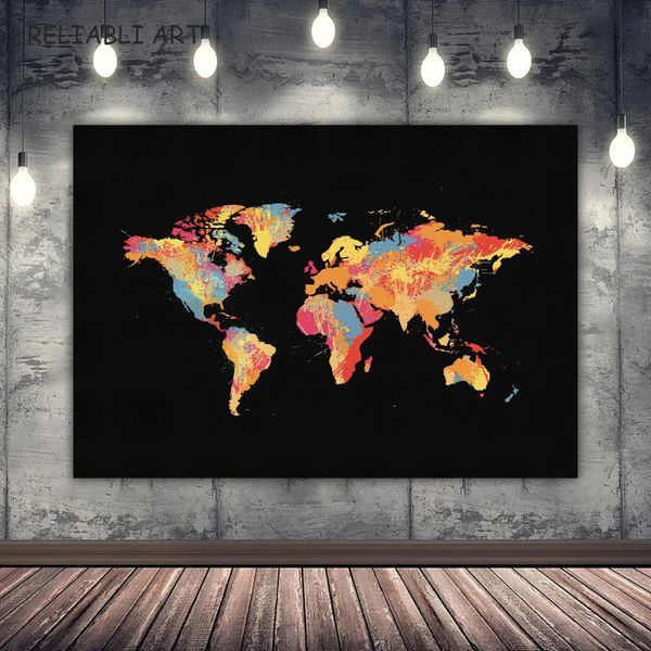 Moderne Gekleurde World Map Wall Art Affiche En imprimés toile Schilderij Voor Woonkamer Home Decor No Frame